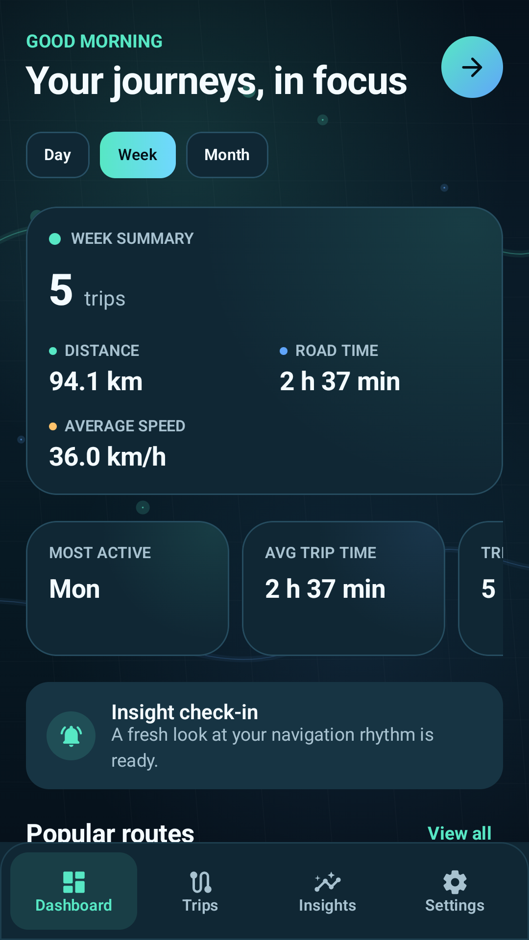 MapStats Dashboard app screen showing weekly trip summary